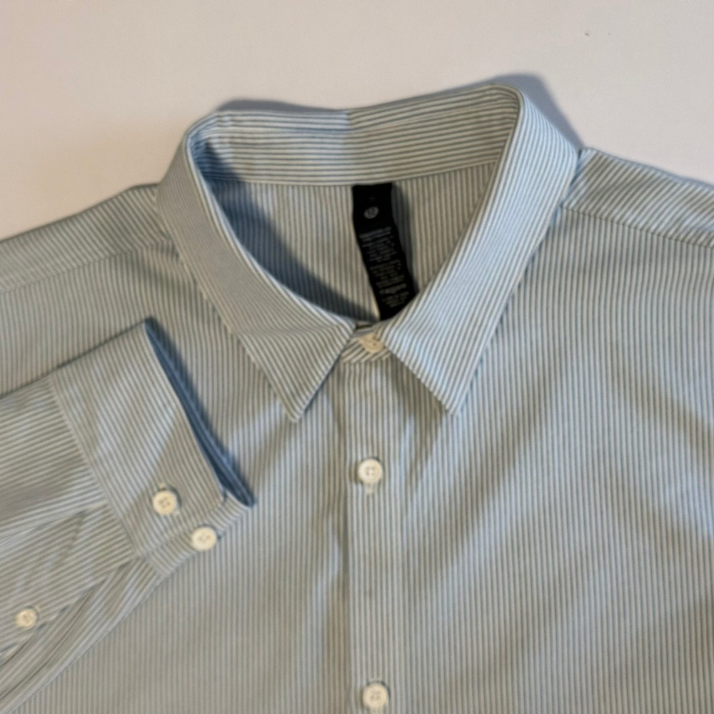 Lululemon Mens Steady-State Long Sleeve Button Up Shirt Blue White Pinstripe XL